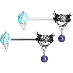 14 Gauge 9/16 Nautical Shell and Crab Dangle Barbell Nipple Ring Set