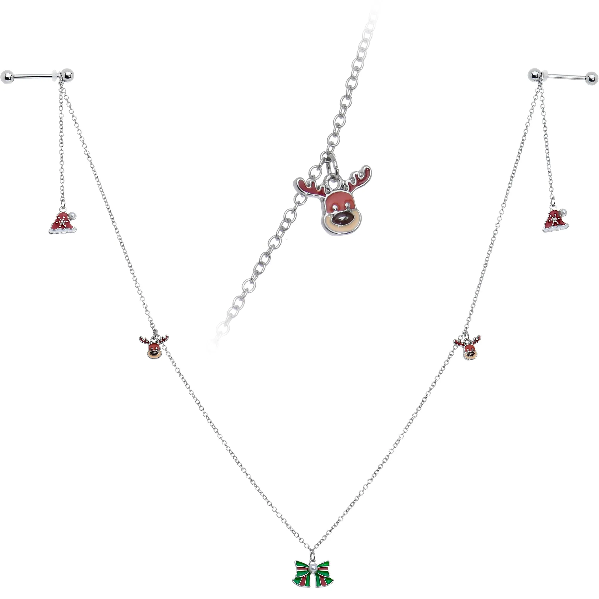 14 Gauge 9/16 White Orb Santa Hat Christmas Barbell Nipple Chain Set