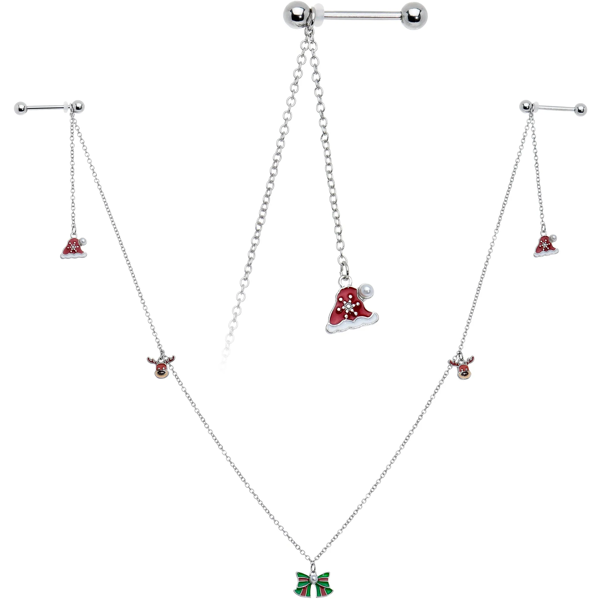 14 Gauge 9/16 White Orb Santa Hat Christmas Barbell Nipple Chain Set