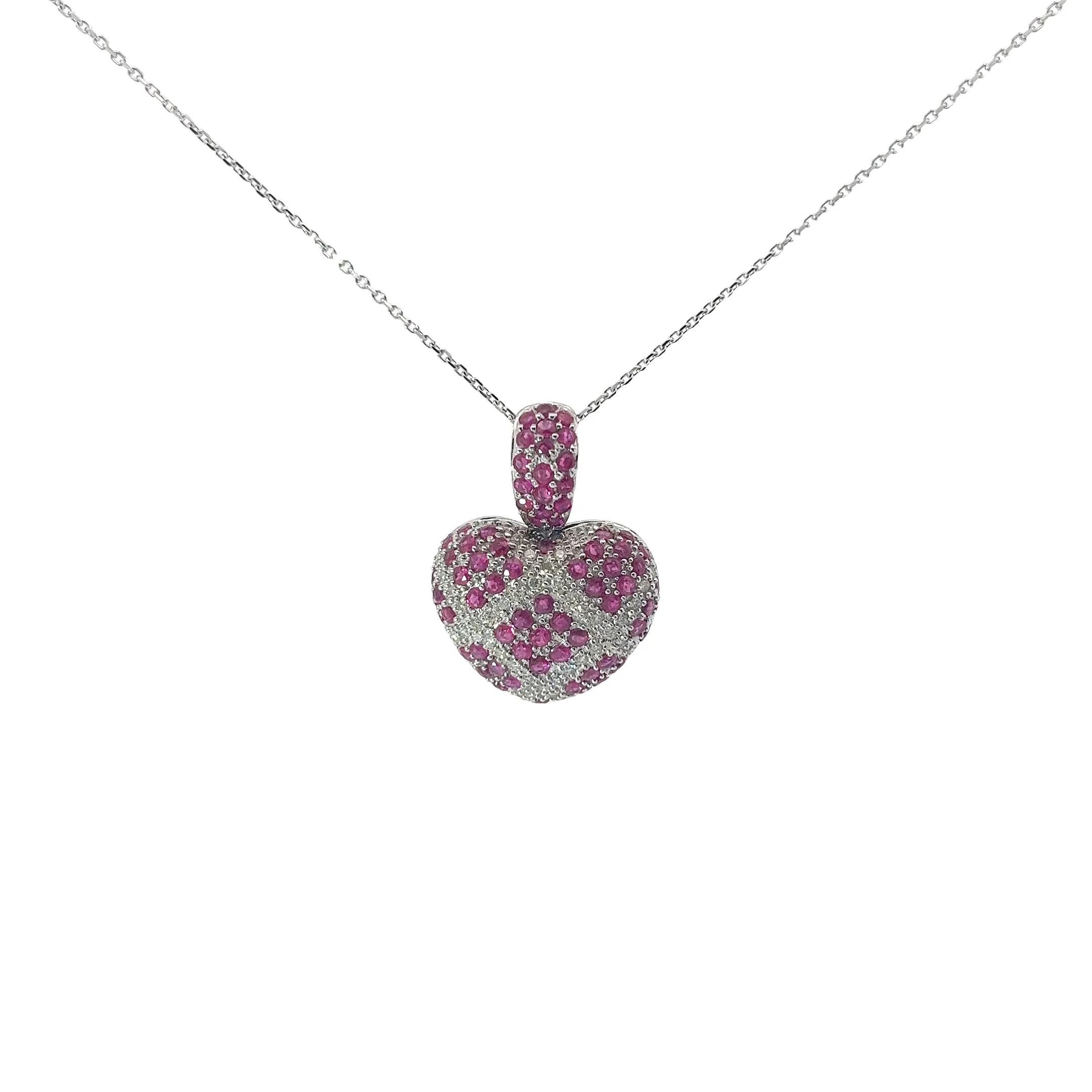 14k White Gold 1.50ct Ruby and .40ct G SI1 Round Diamond  Heart Necklace