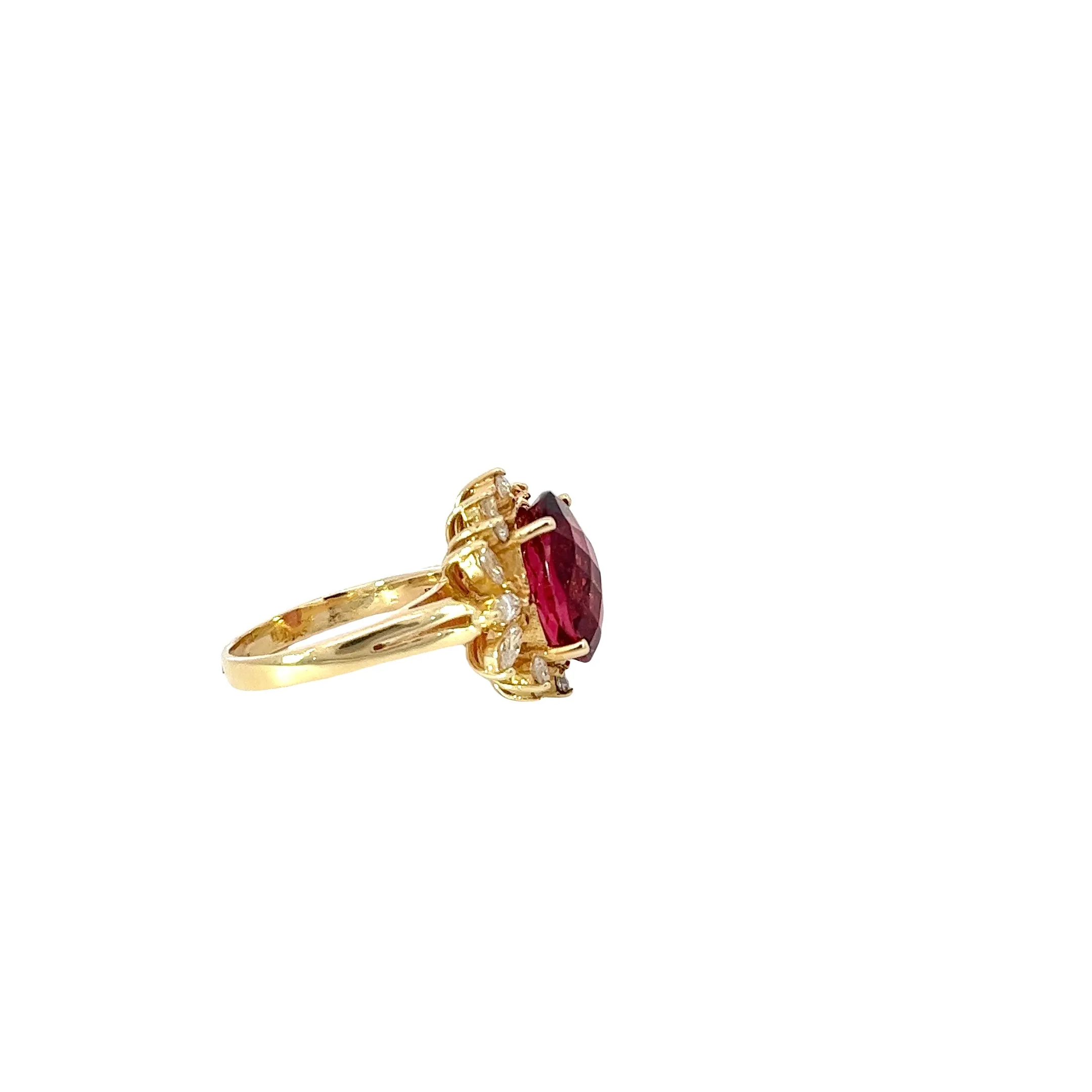 14k Yellow Gold 6ct Rubellite Garnet and 1ct G VS2 Round and Marquise total weight of Diamond Ring