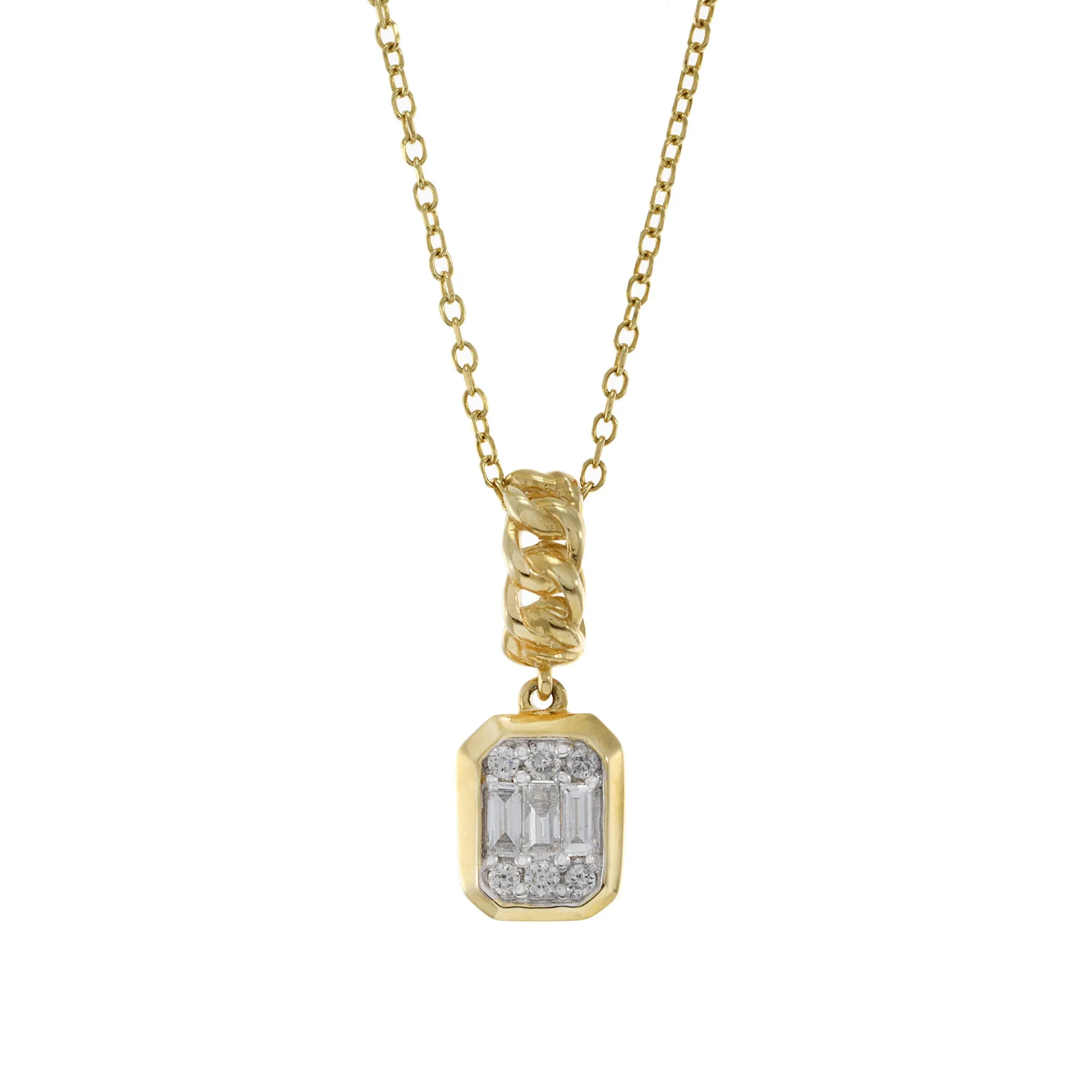 14KT Yellow Gold Multi Cut Diamond Cuban Link Drop Pendant