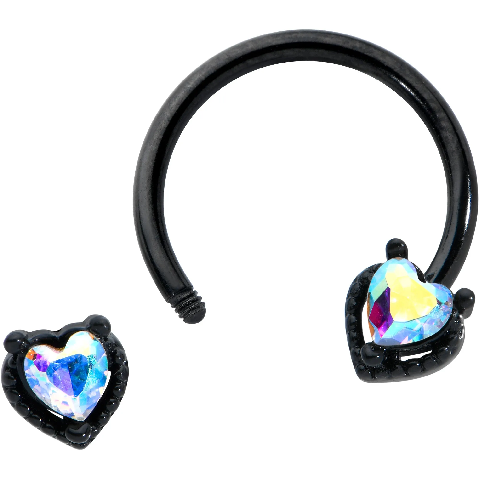 16 Gauge 3/8 Aurora Gem Black Heart Ends Horseshoe Circular Barbell