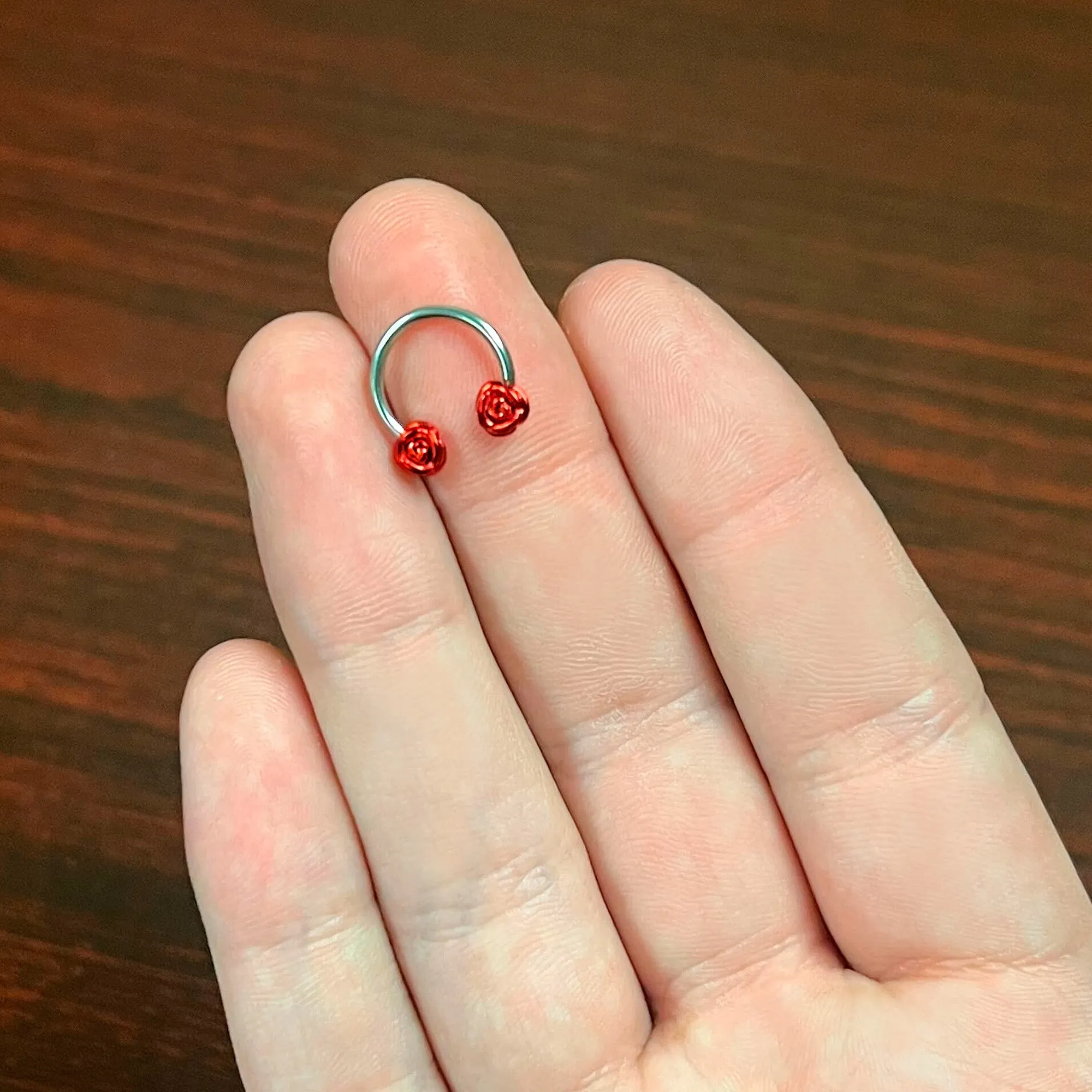16 Gauge 3/8 Blooming Red Rose Flower Horseshoe Circular Barbell
