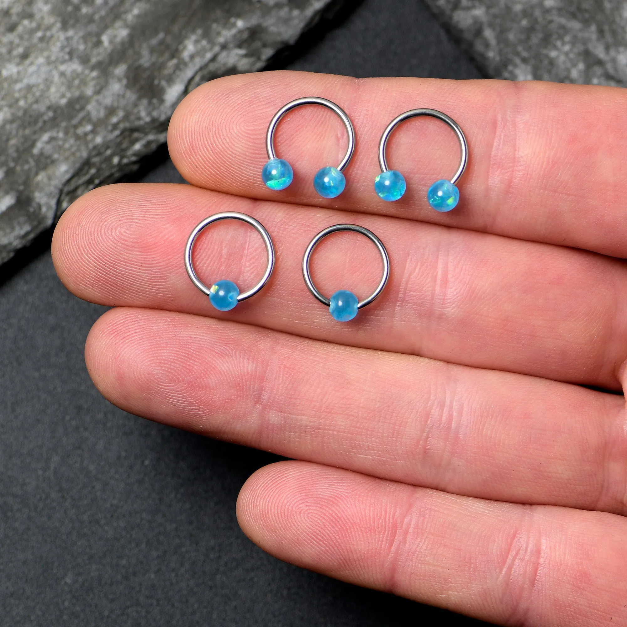 16 Gauge 3/8 Blue Faux Opal Horseshoe BCR Captive Ring Set of 4
