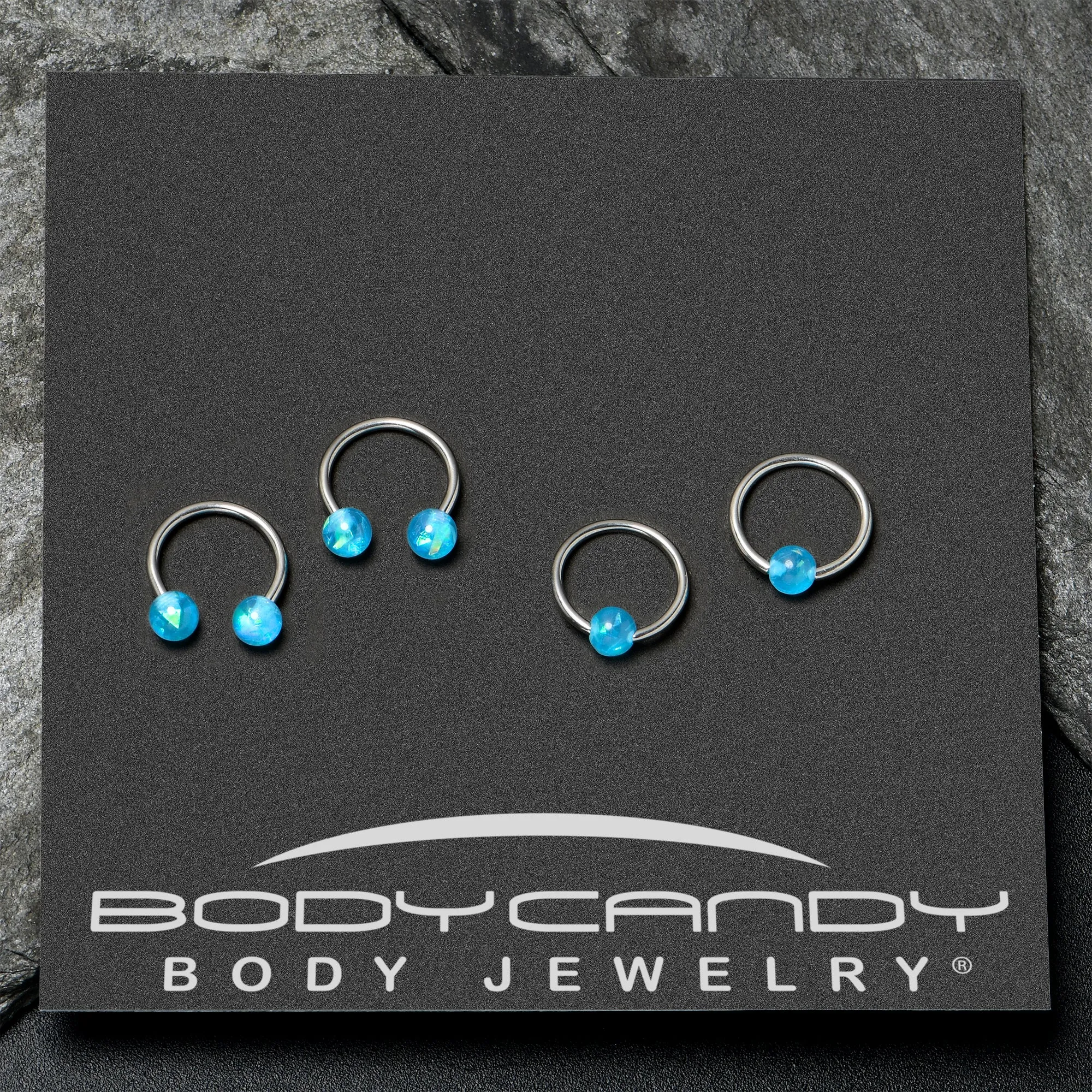 16 Gauge 3/8 Blue Faux Opal Horseshoe BCR Captive Ring Set of 4