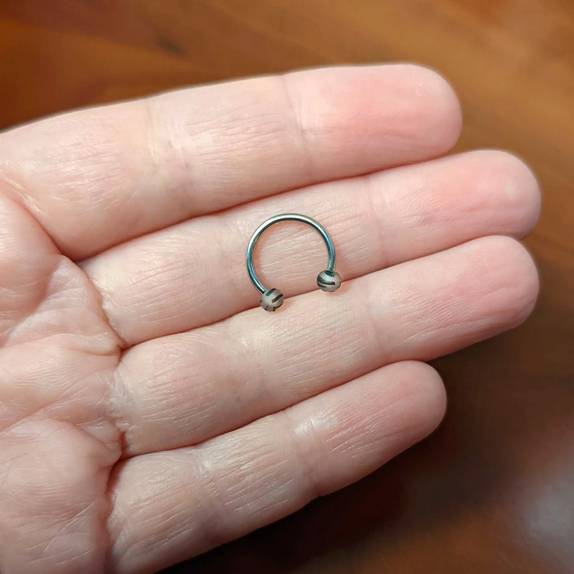 16 Gauge 3/8 Matte Grey Zebra Stripe Ends Horseshoe Circular Barbell