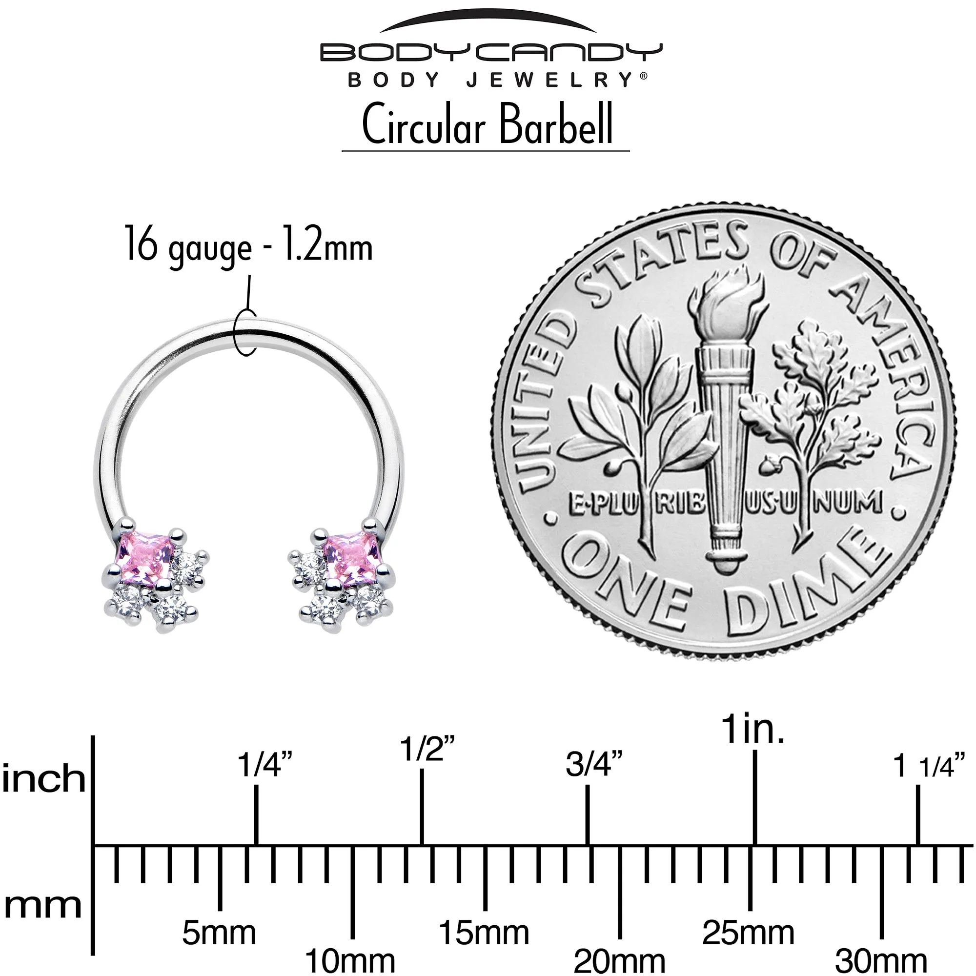 16 Gauge 3/8 Pink CZ Gem Rhombus Riot Horseshoe Circular Barbell