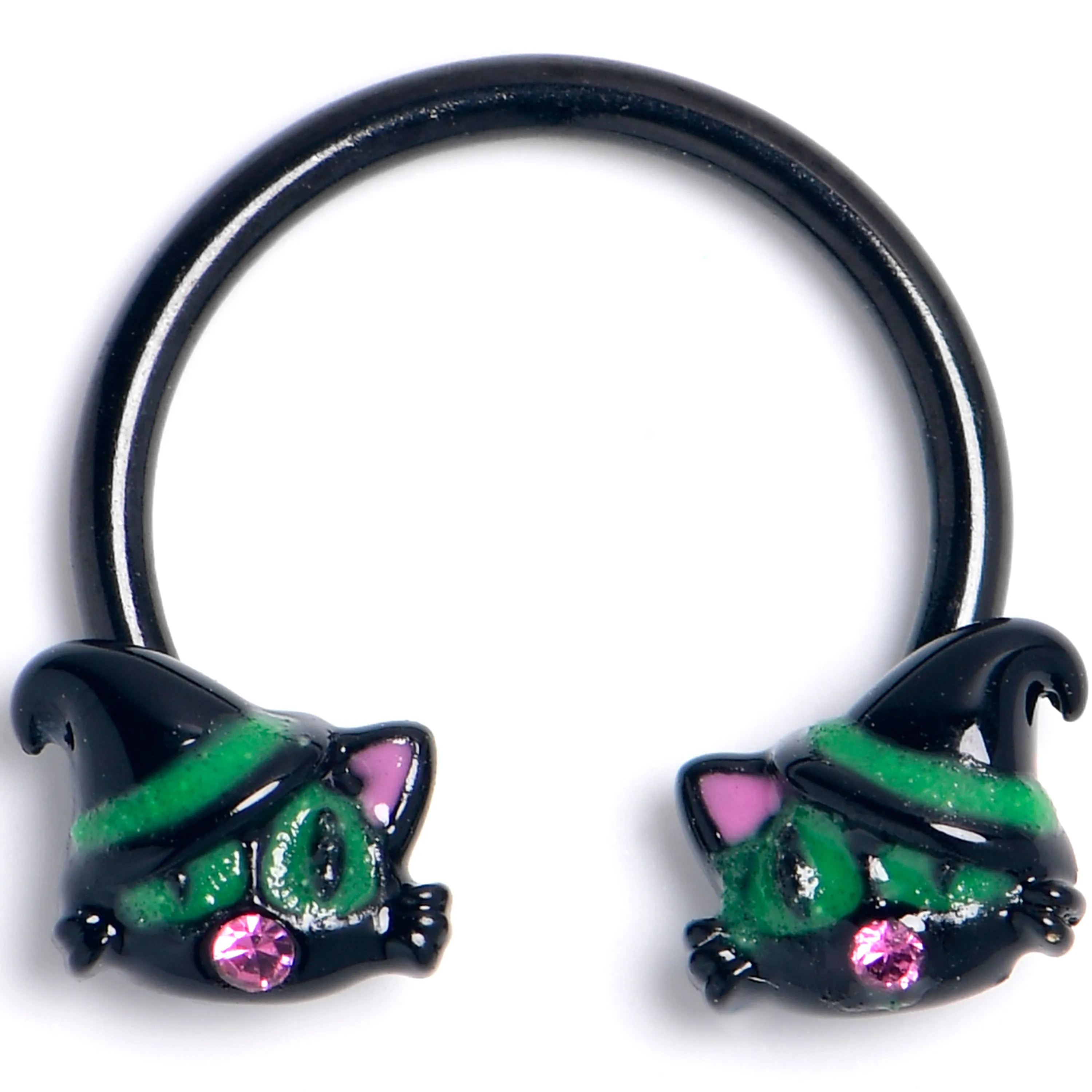 16 Gauge 3/8 Pink Gem Black Halloween Hat Cat Horseshoe Circular Barbell