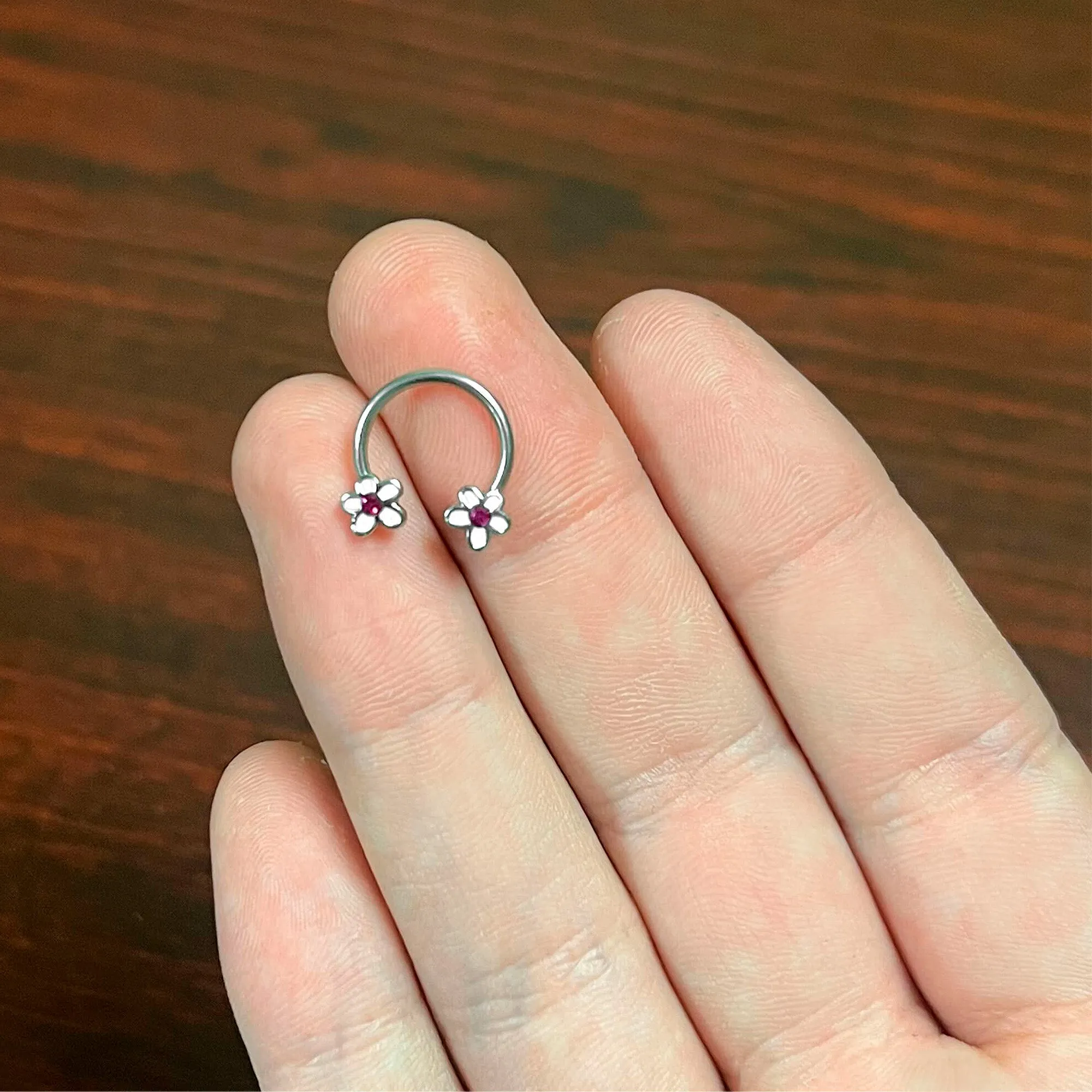 16 Gauge 3/8 Pink Gem Daisy Flowers Horseshoe Circular Barbell