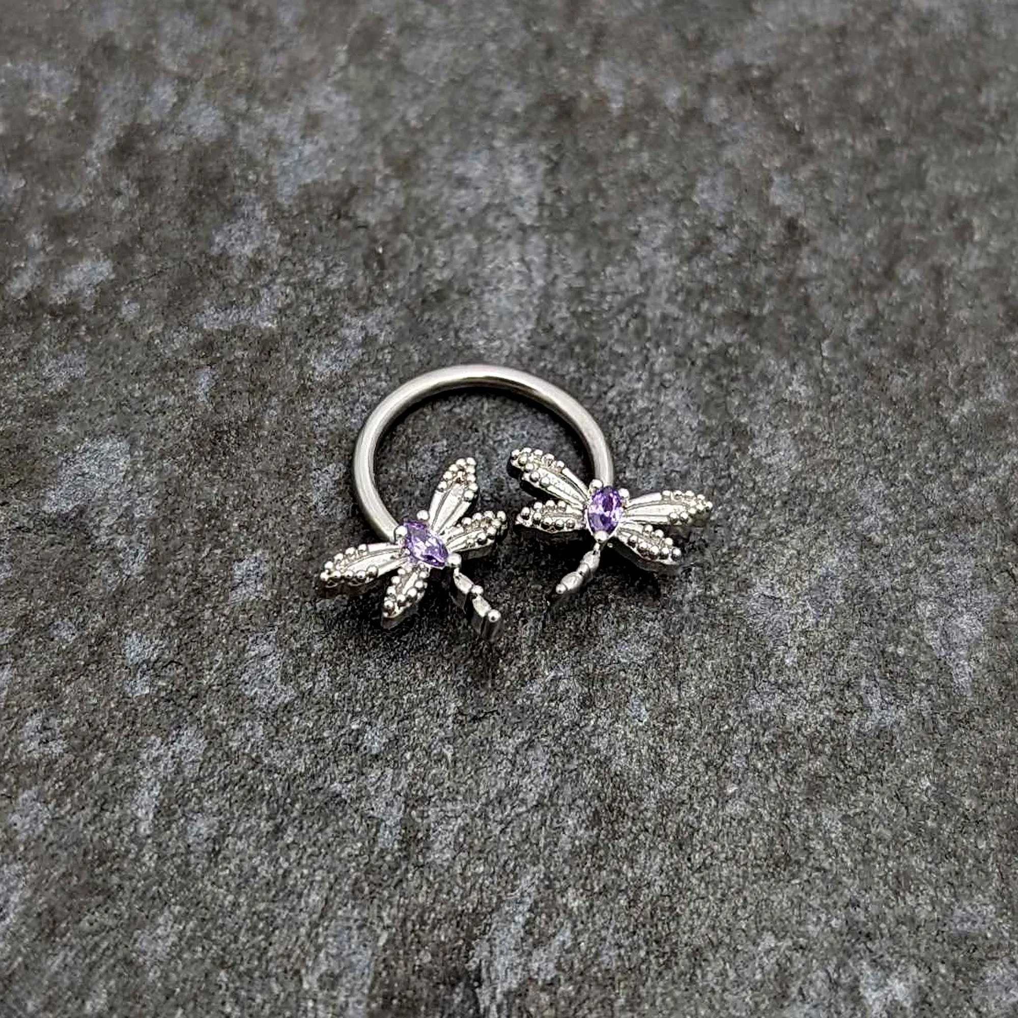 16 Gauge 3/8 Purple CZ Gem Open Dragonfly Horseshoe Circular Barbell