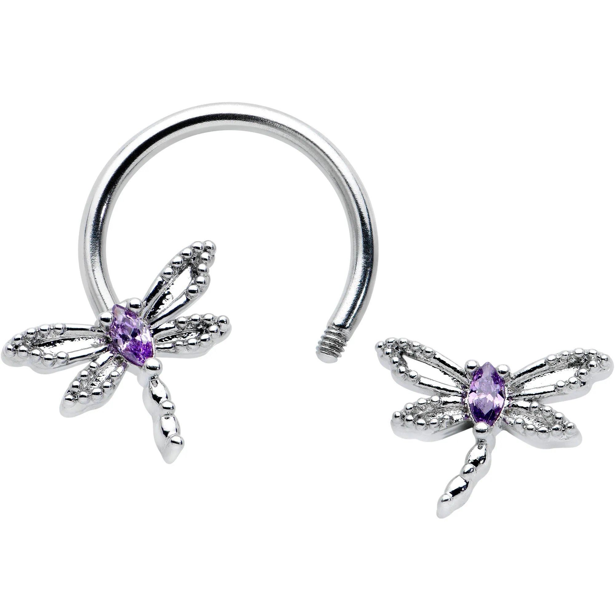 16 Gauge 3/8 Purple CZ Gem Open Dragonfly Horseshoe Circular Barbell