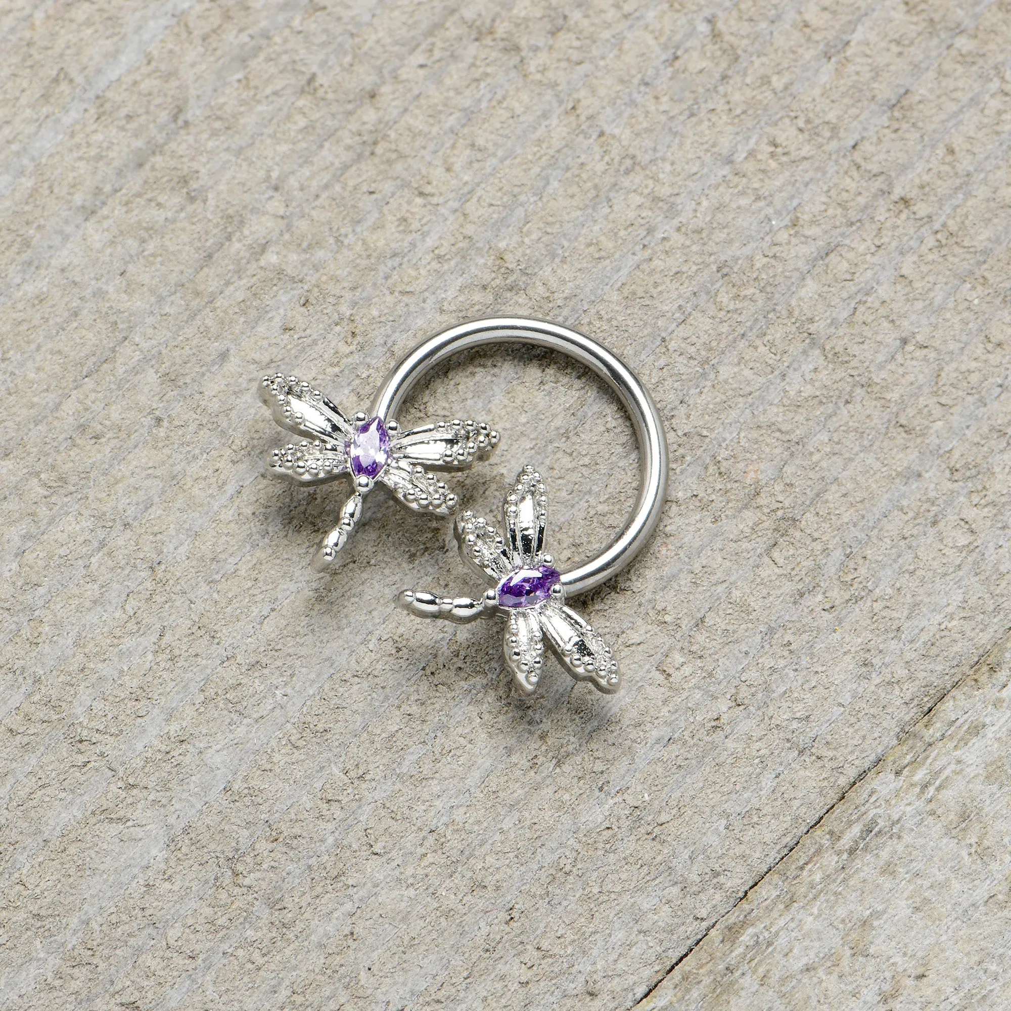 16 Gauge 3/8 Purple CZ Gem Open Dragonfly Horseshoe Circular Barbell
