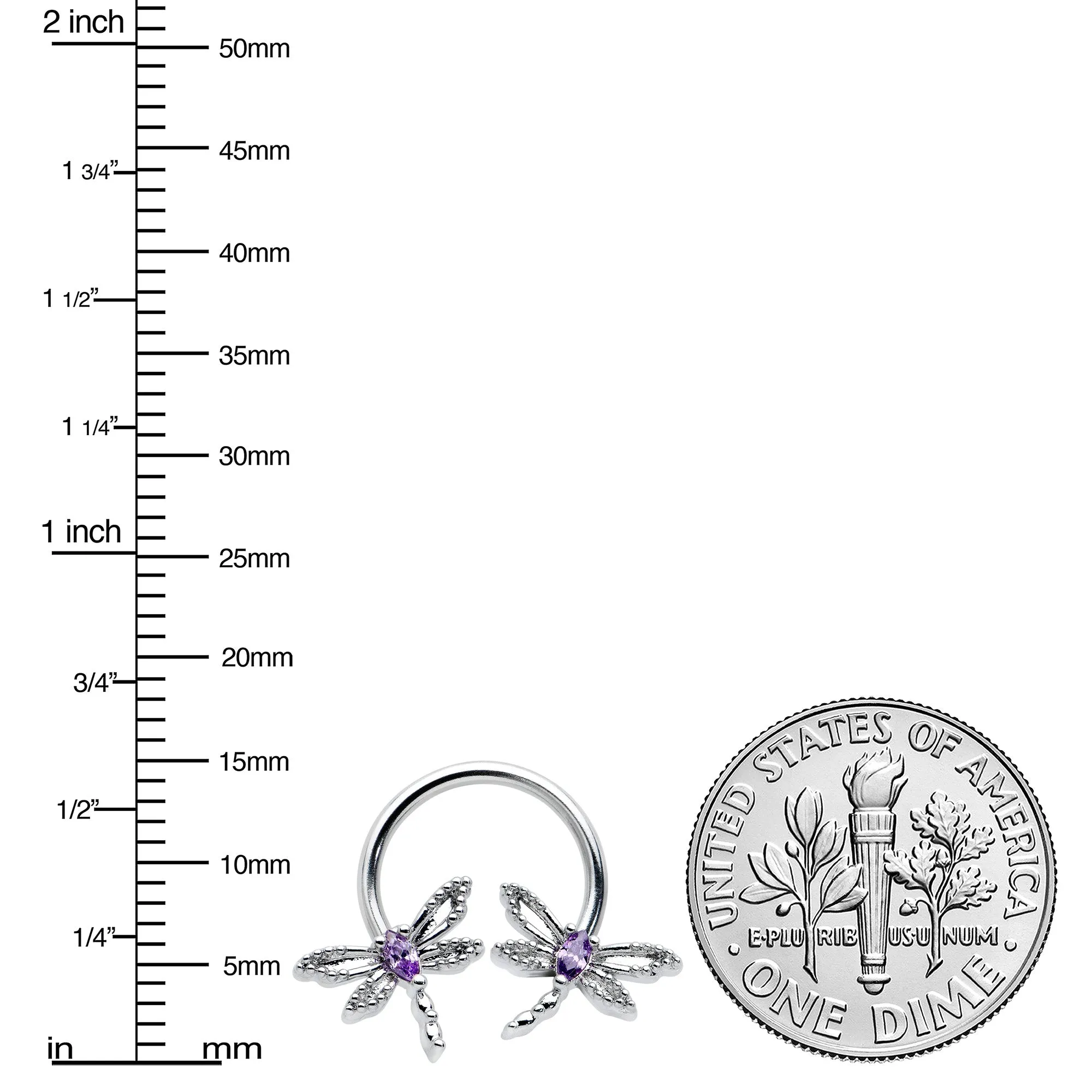 16 Gauge 3/8 Purple CZ Gem Open Dragonfly Horseshoe Circular Barbell
