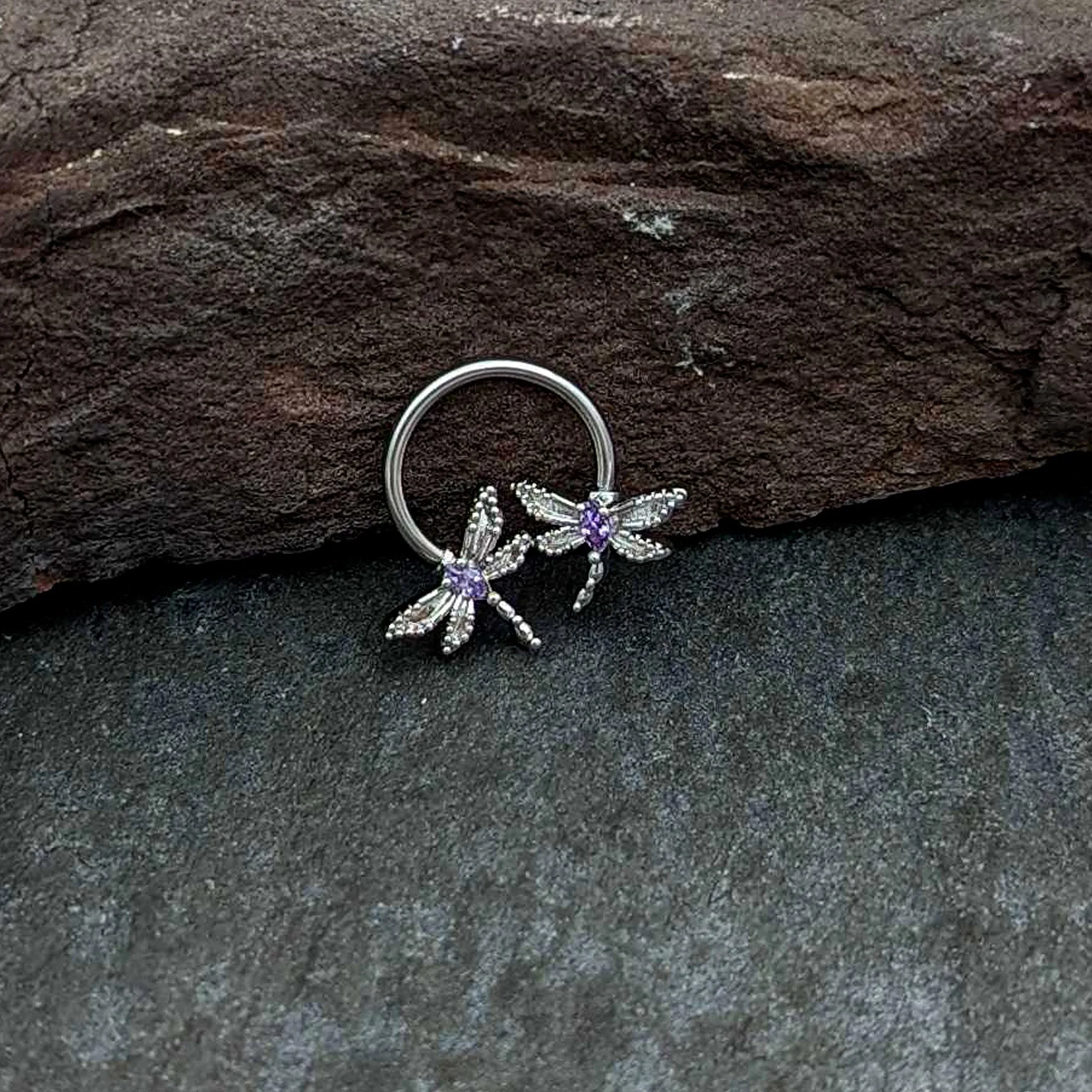 16 Gauge 3/8 Purple CZ Gem Open Dragonfly Horseshoe Circular Barbell