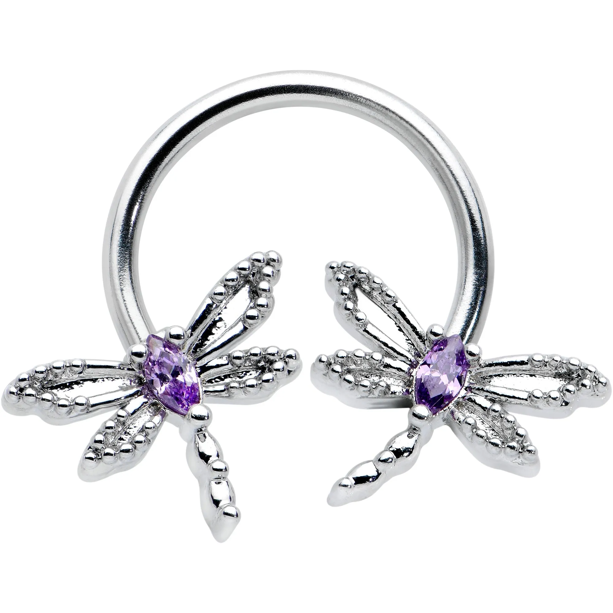 16 Gauge 3/8 Purple CZ Gem Open Dragonfly Horseshoe Circular Barbell