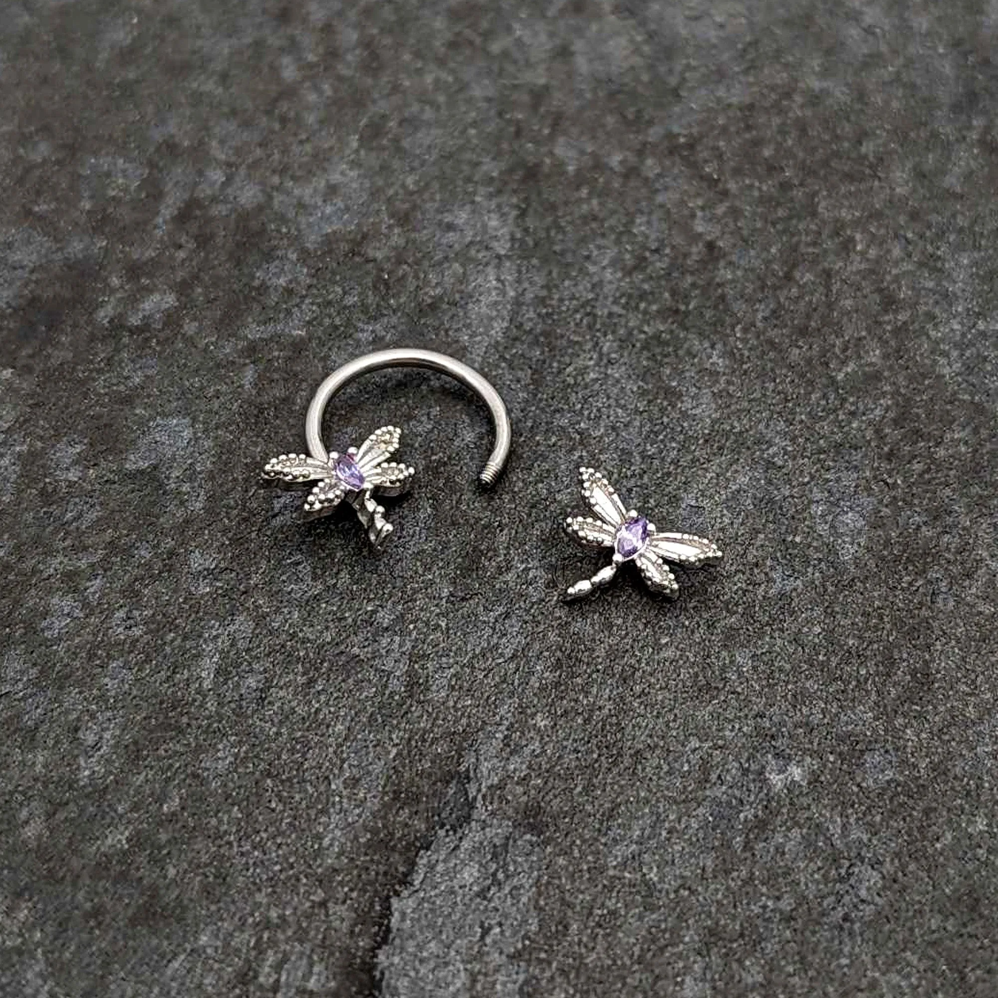 16 Gauge 3/8 Purple CZ Gem Open Dragonfly Horseshoe Circular Barbell