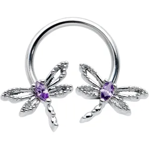 16 Gauge 3/8 Purple CZ Gem Open Dragonfly Horseshoe Circular Barbell