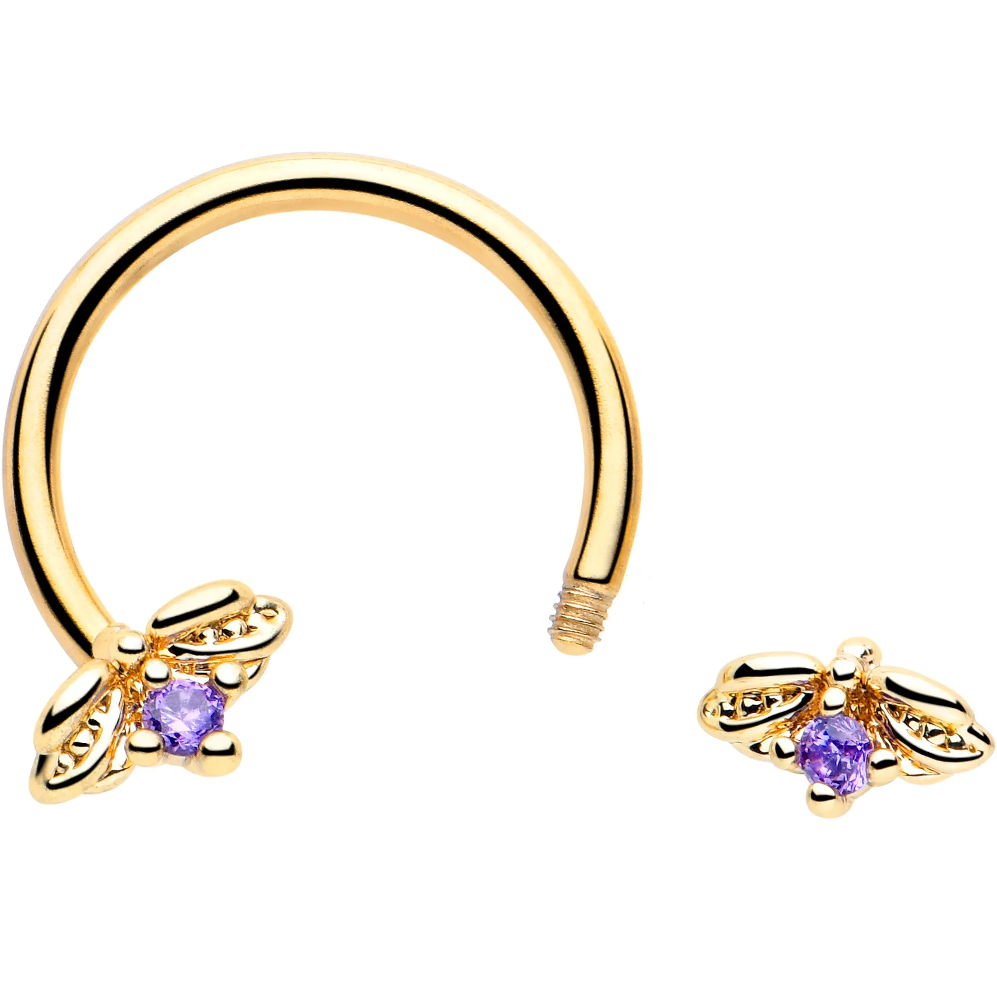 16 Gauge 3/8 Purple Gem Gold Tone Beauty Bug Horseshoe Circular Barbell