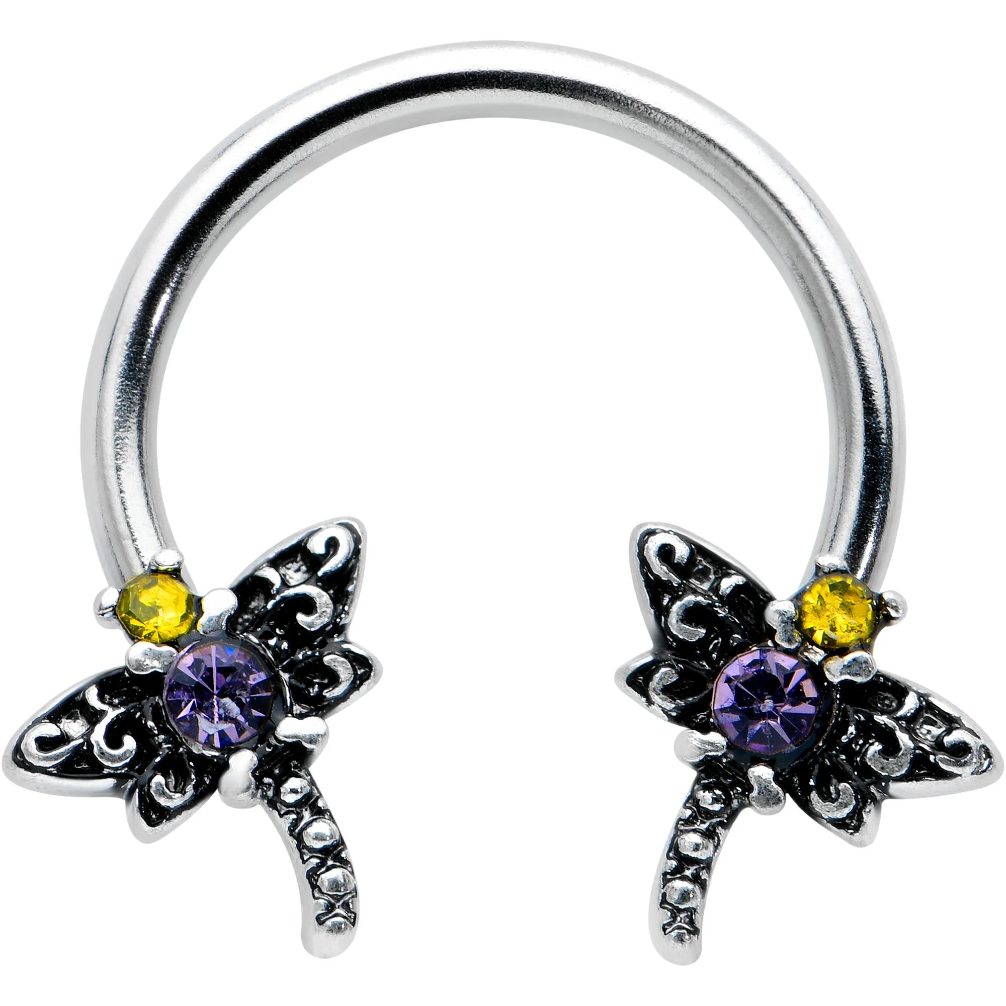 16 Gauge 3/8 Purple Yellow Gem Dragonfly Horseshoe Circular Barbell