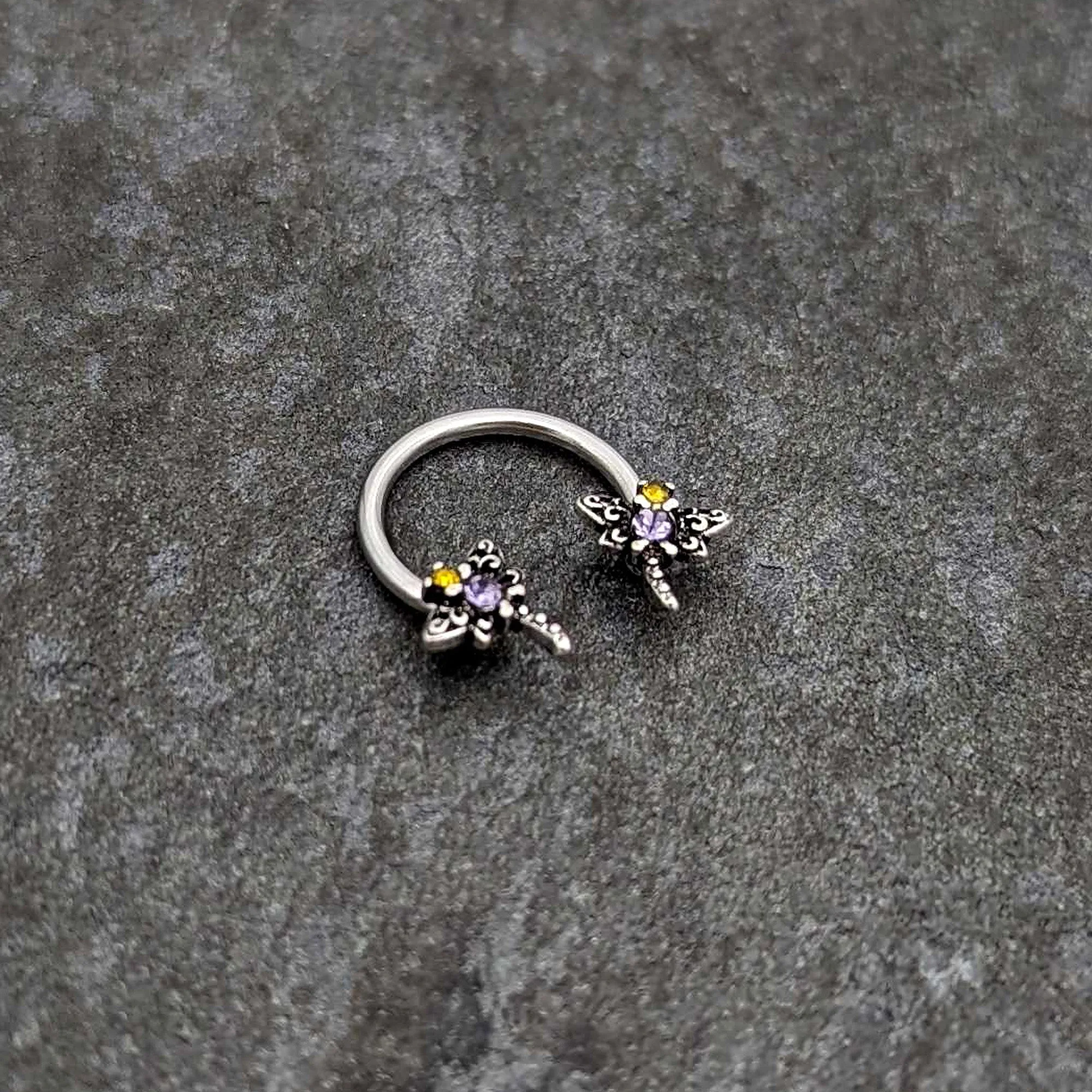 16 Gauge 3/8 Purple Yellow Gem Dragonfly Horseshoe Circular Barbell