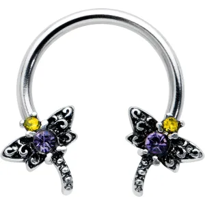 16 Gauge 3/8 Purple Yellow Gem Dragonfly Horseshoe Circular Barbell