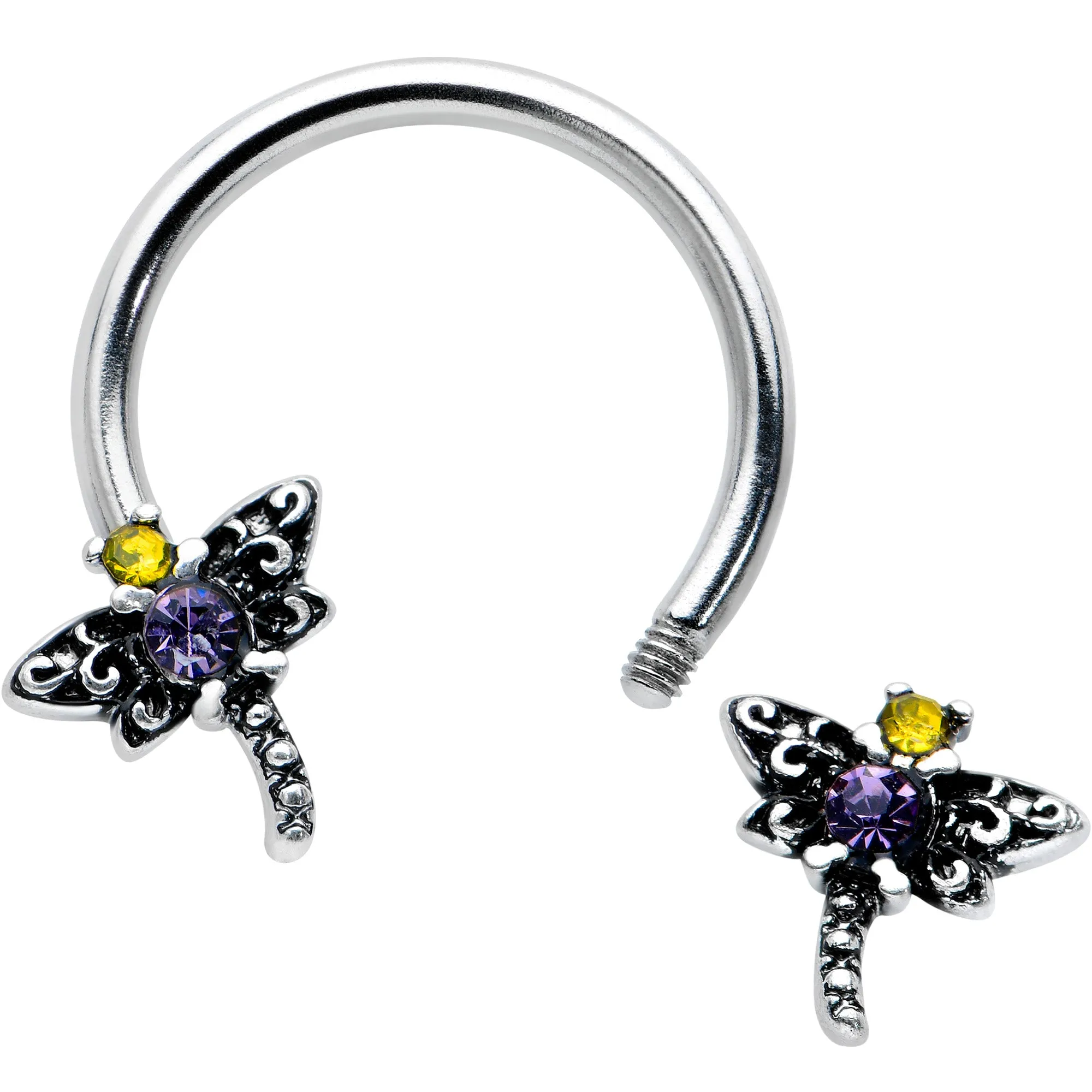 16 Gauge 3/8 Purple Yellow Gem Dragonfly Horseshoe Circular Barbell