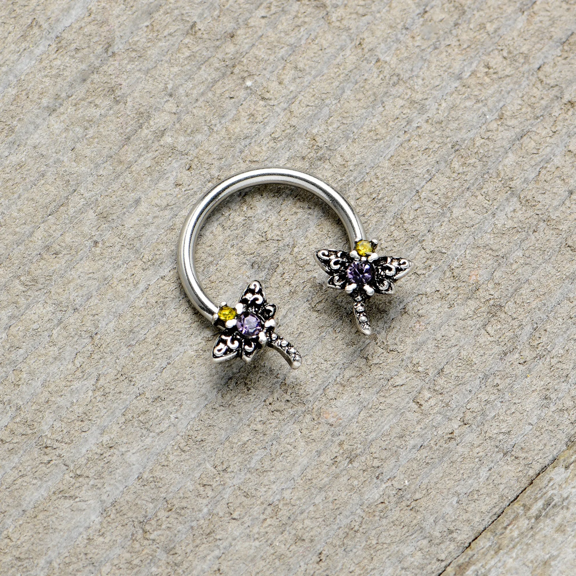 16 Gauge 3/8 Purple Yellow Gem Dragonfly Horseshoe Circular Barbell