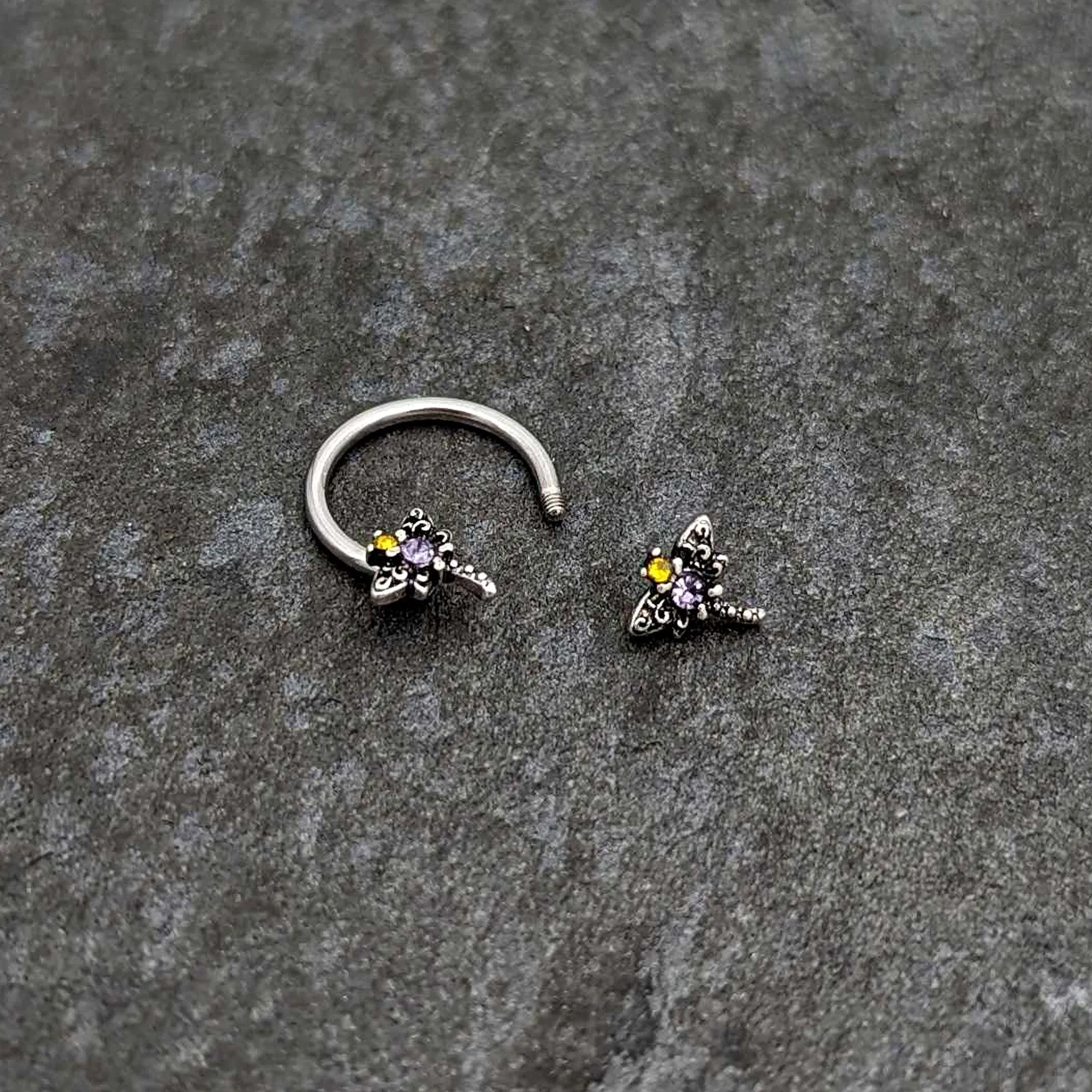16 Gauge 3/8 Purple Yellow Gem Dragonfly Horseshoe Circular Barbell