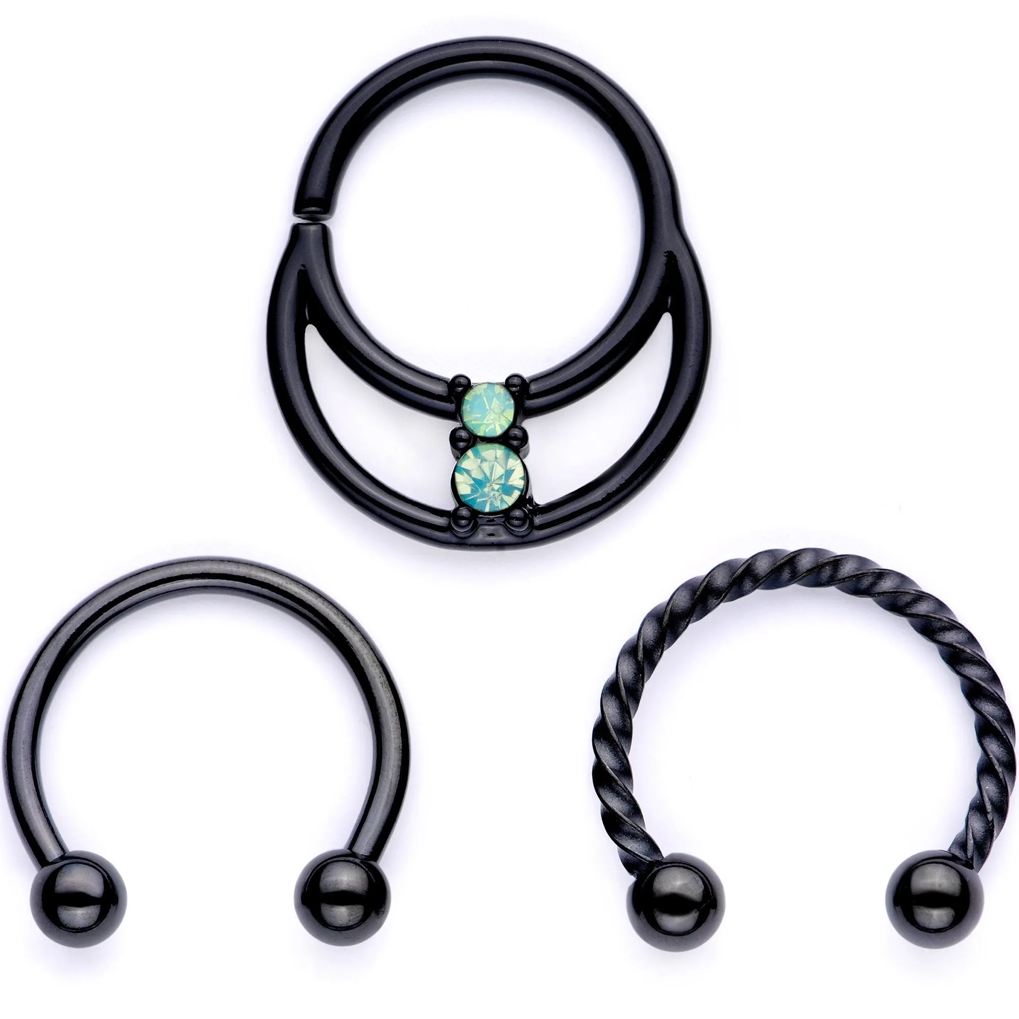 16 Gauge 3/8 Teal Faux Opal Black Anodized Horseshoe Closure Ring Set