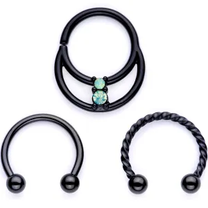 16 Gauge 3/8 Teal Faux Opal Black Anodized Horseshoe Closure Ring Set
