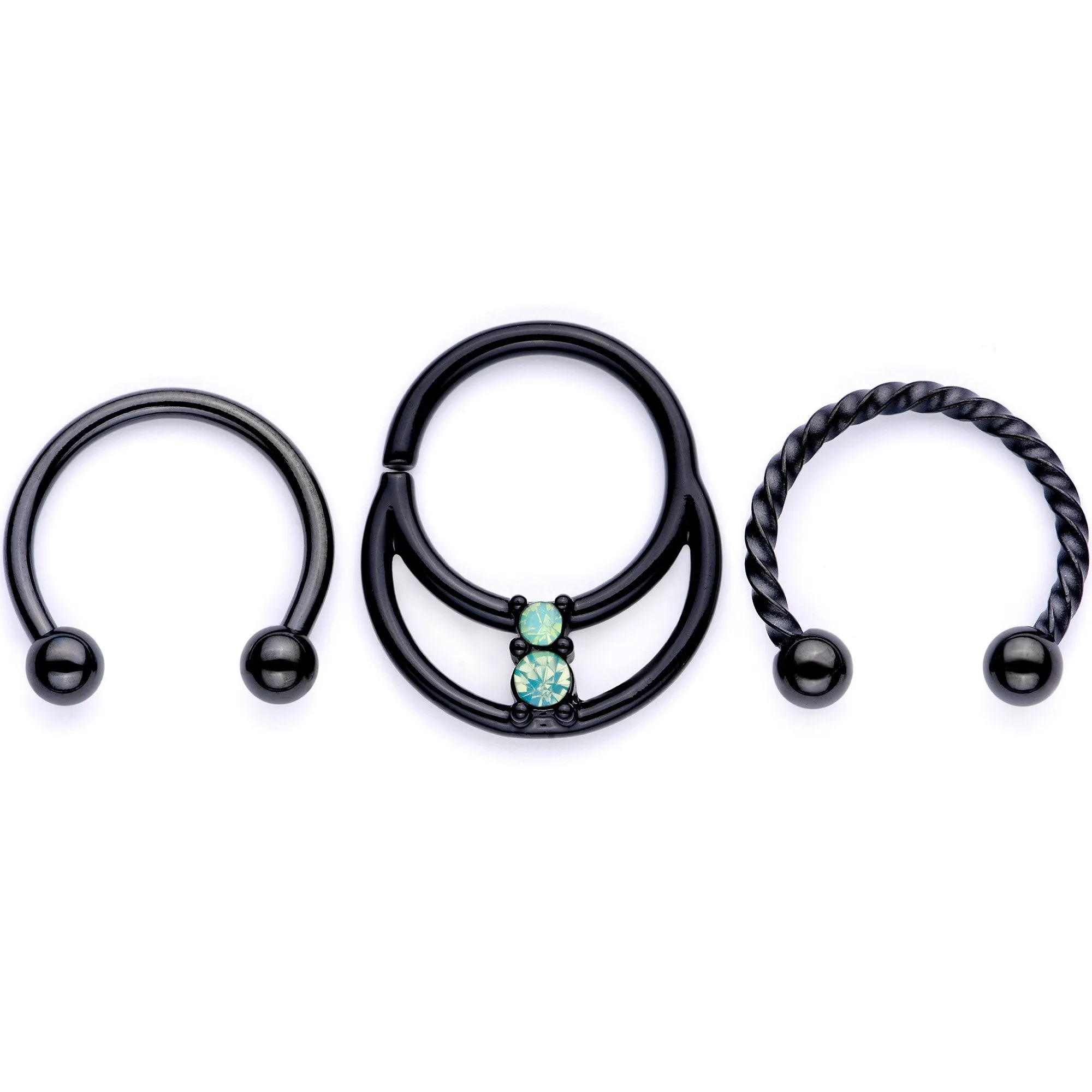 16 Gauge 3/8 Teal Faux Opal Black Anodized Horseshoe Closure Ring Set