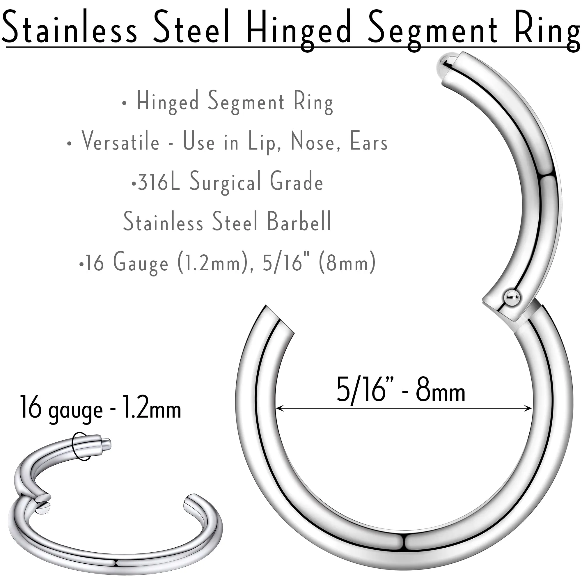 16 Gauge 5/16 Stainless Steel Hinged Segment Ring