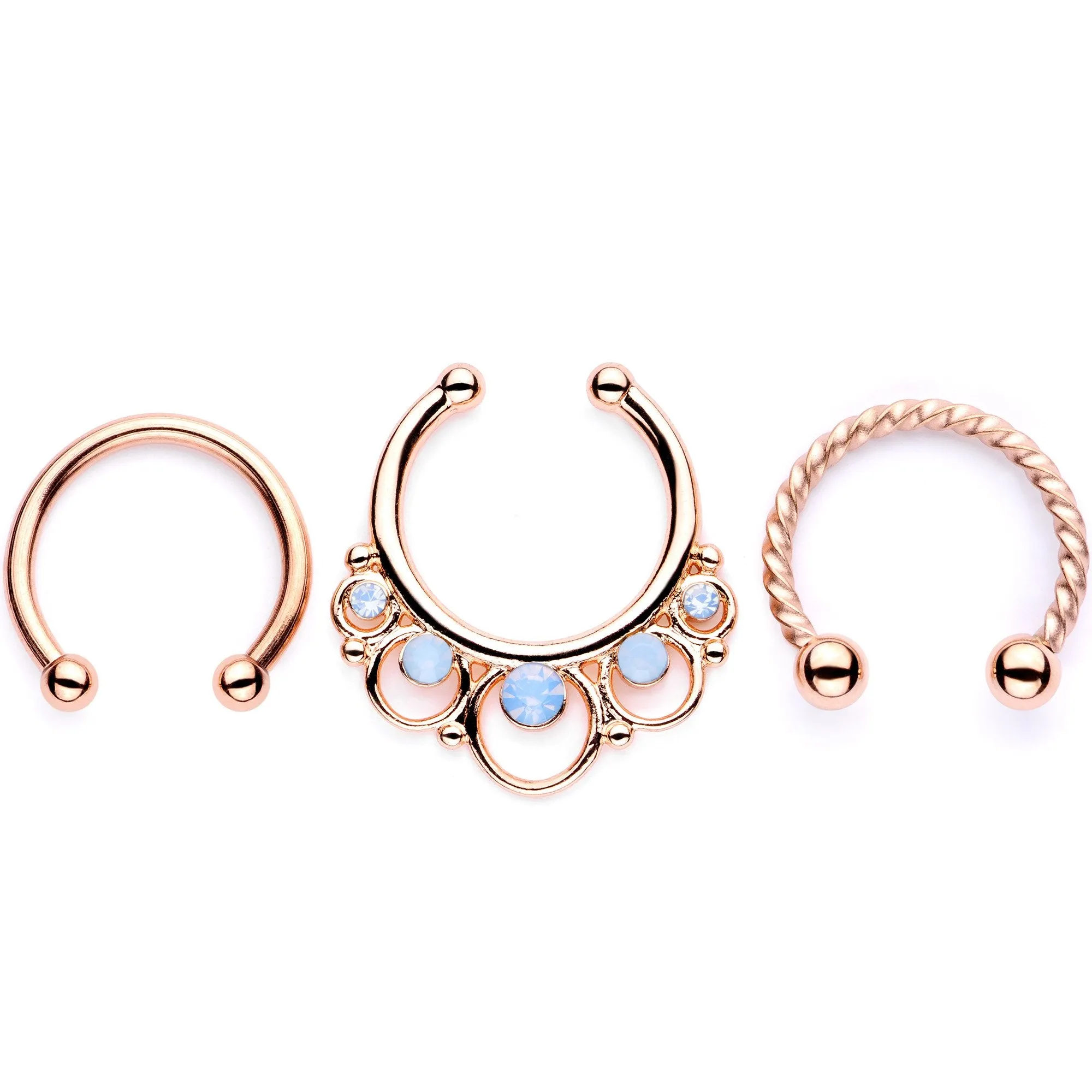 16 Gauge Blue Faux Opal Rose Gold Tone Twisted Horseshoe Clip On Fake Septum Ring Set