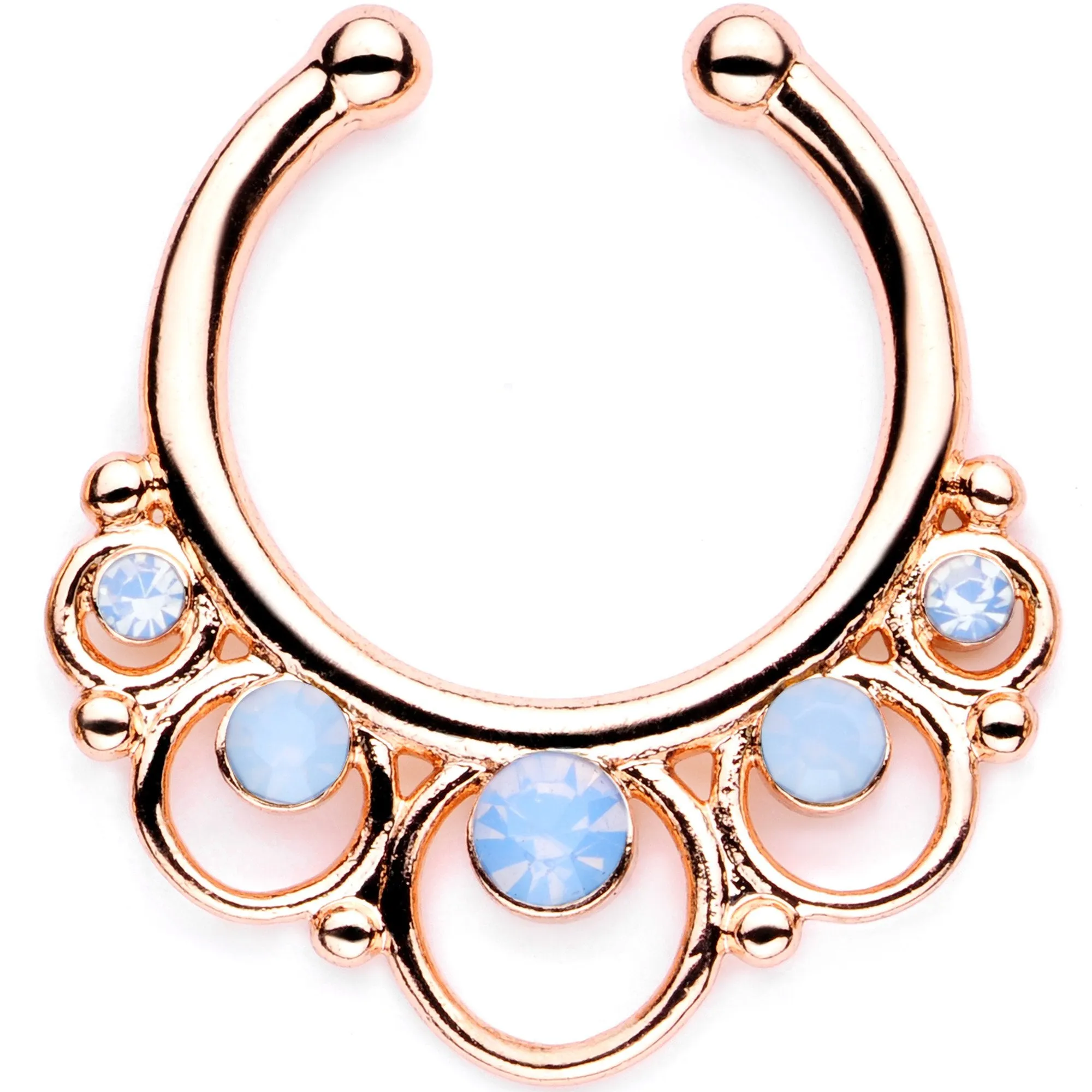 16 Gauge Blue Faux Opal Rose Gold Tone Twisted Horseshoe Clip On Fake Septum Ring Set