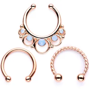 16 Gauge Blue Faux Opal Rose Gold Tone Twisted Horseshoe Clip On Fake Septum Ring Set