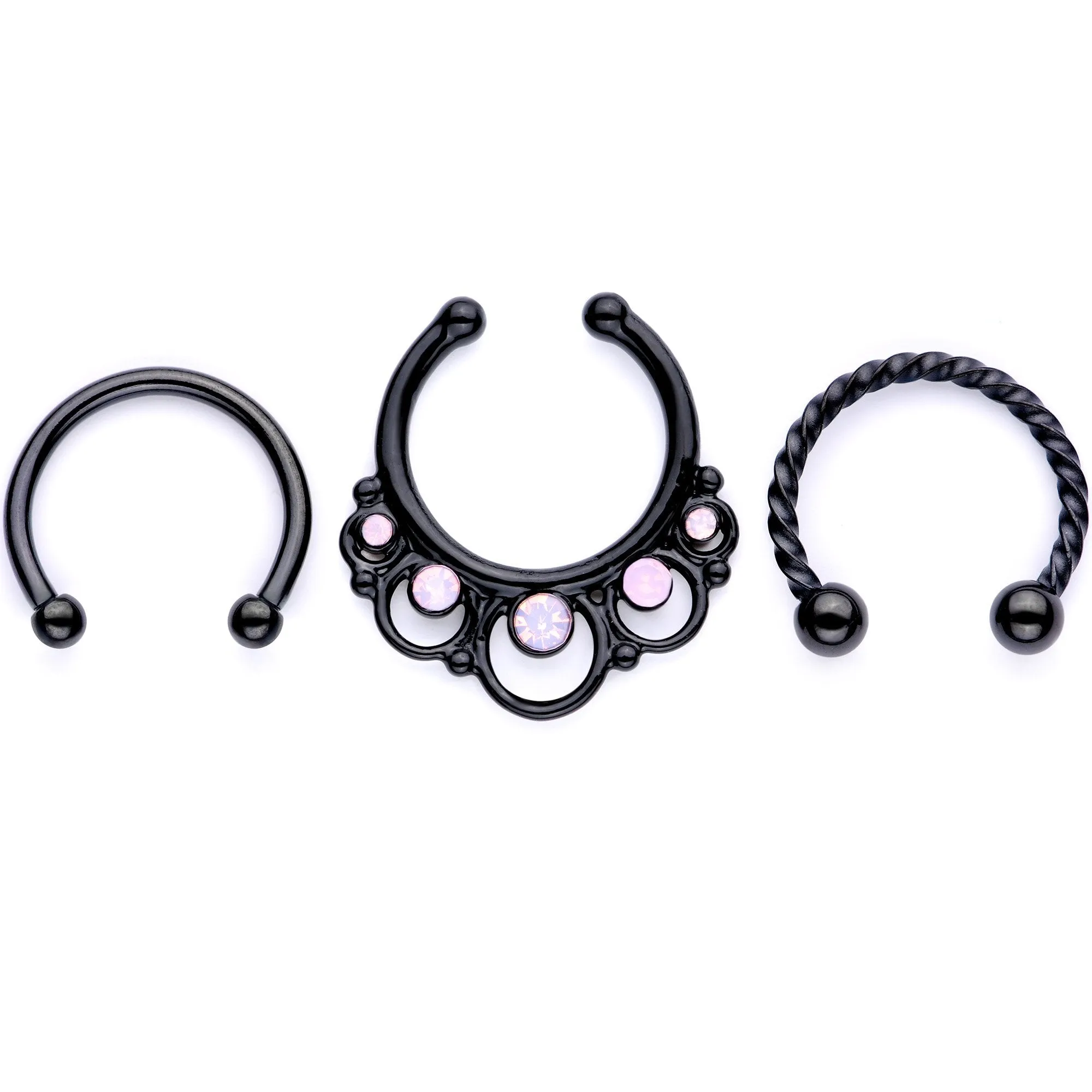 16 Gauge Pink Faux Opal Black Anodized Twisted Horseshoe Clip On Fake Septum Ring Set