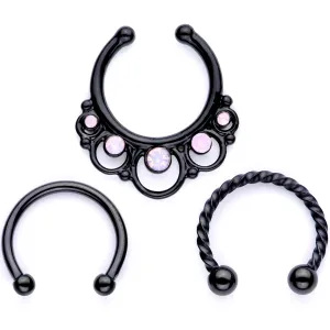16 Gauge Pink Faux Opal Black Anodized Twisted Horseshoe Clip On Fake Septum Ring Set