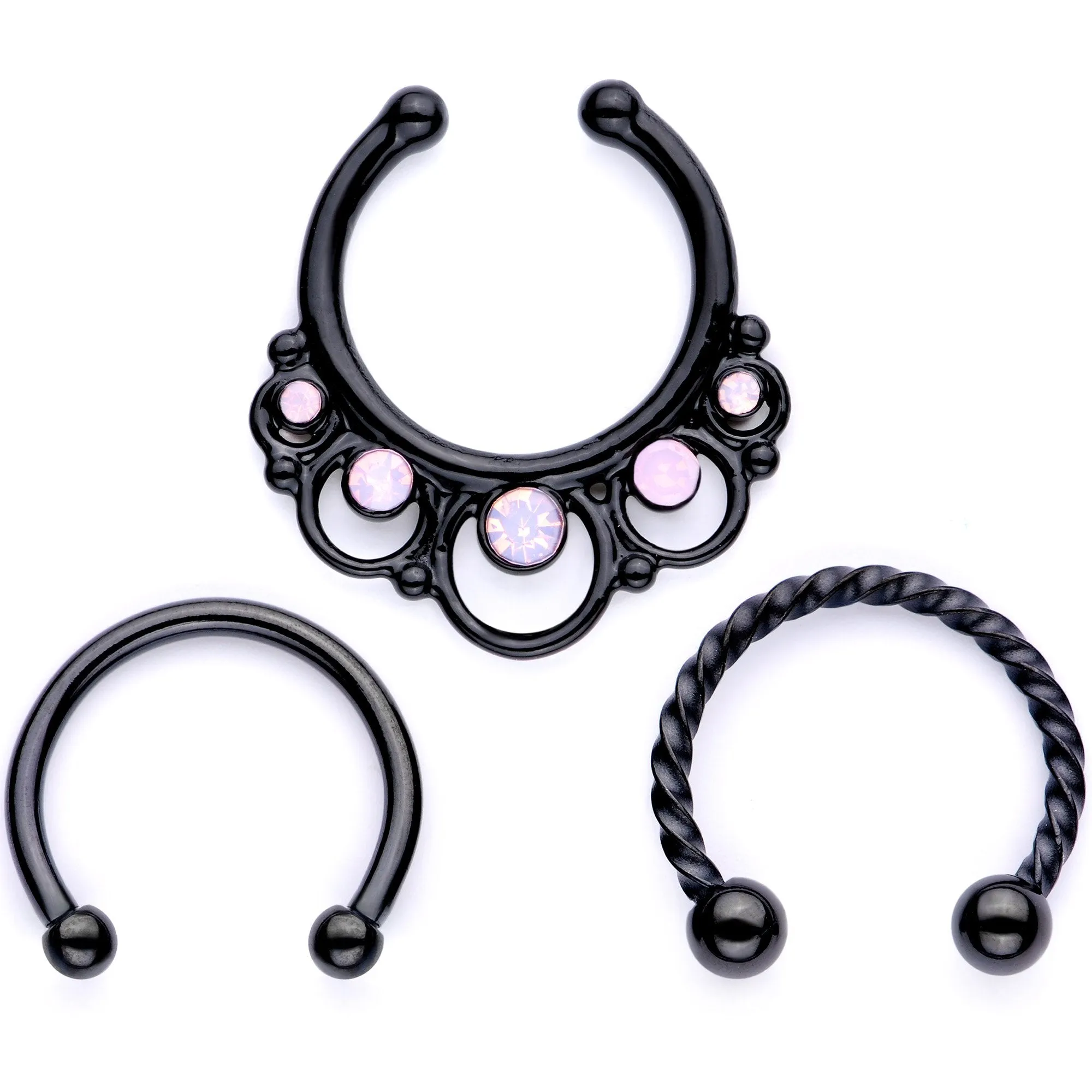 16 Gauge Pink Faux Opal Black Anodized Twisted Horseshoe Clip On Fake Septum Ring Set