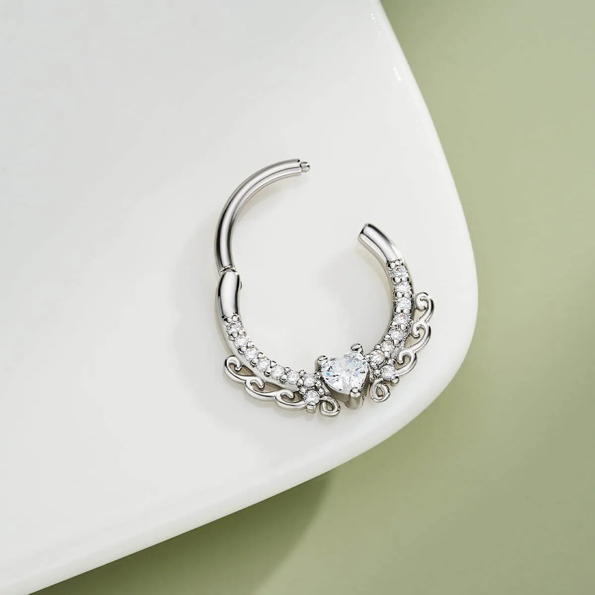 16G Elegant Heart CZ Hinged Segment Septum Ring