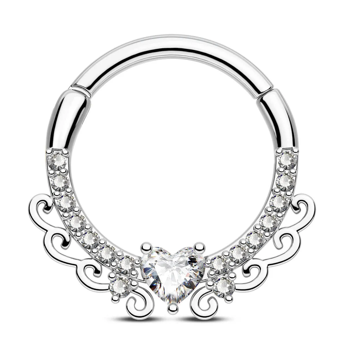 16G Elegant Heart CZ Hinged Segment Septum Ring
