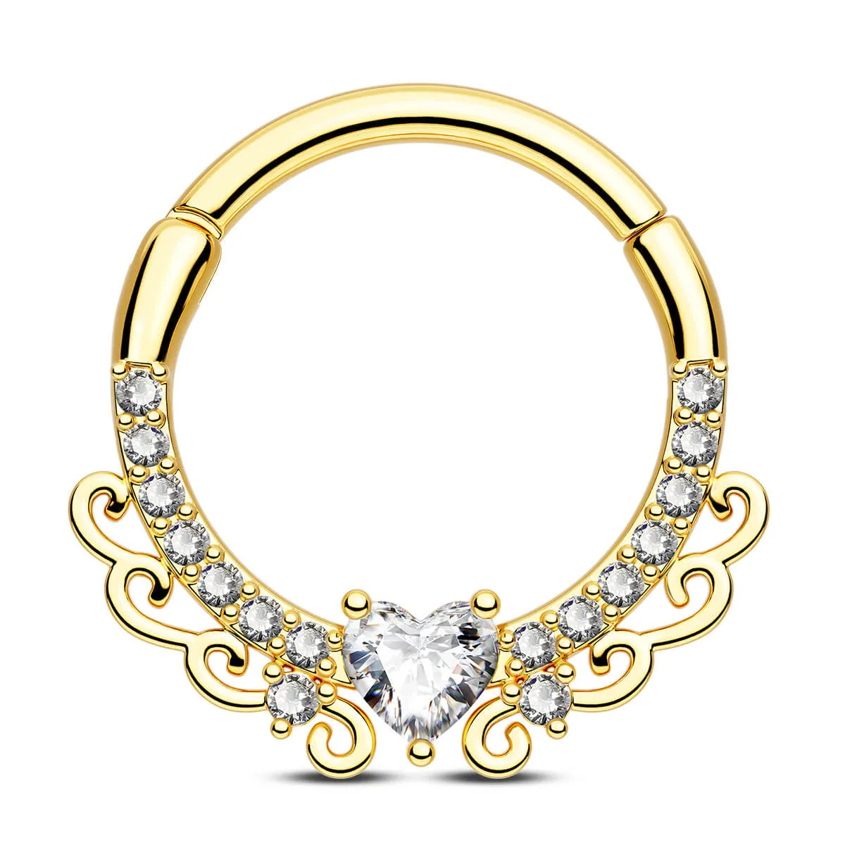 16G Elegant Heart CZ Hinged Segment Septum Ring