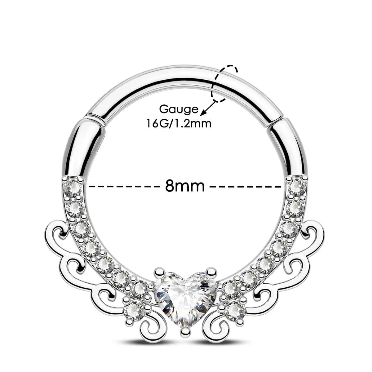 16G Elegant Heart CZ Hinged Segment Septum Ring