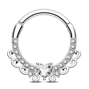 16G Elegant Heart CZ Hinged Segment Septum Ring