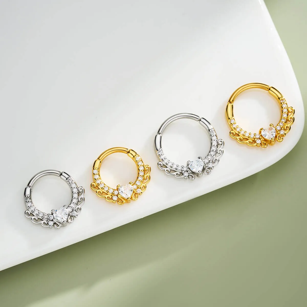 16G Elegant Heart CZ Hinged Segment Septum Ring