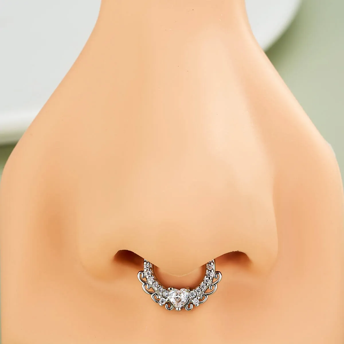 16G Elegant Heart CZ Hinged Segment Septum Ring