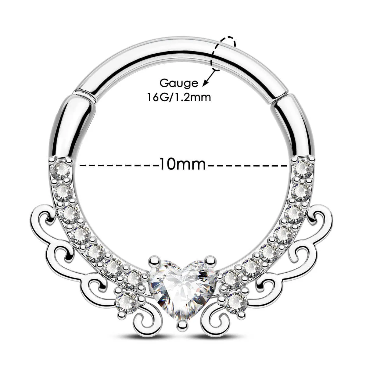 16G Elegant Heart CZ Hinged Segment Septum Ring