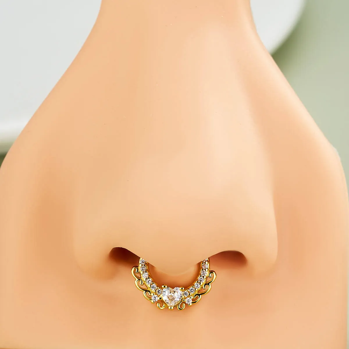 16G Elegant Heart CZ Hinged Segment Septum Ring