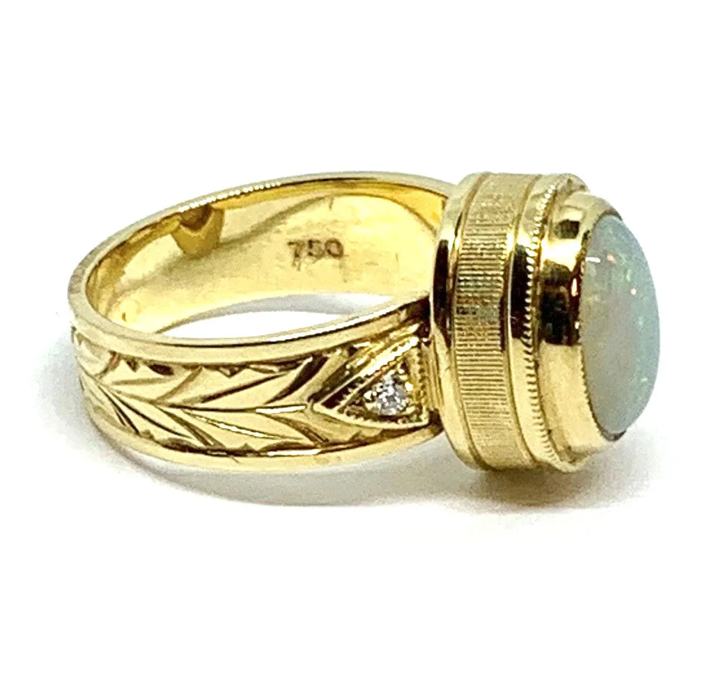1.88 Carat Lightening Ridge Opal and Diamond Yellow Gold Engraved Dome Band Ring