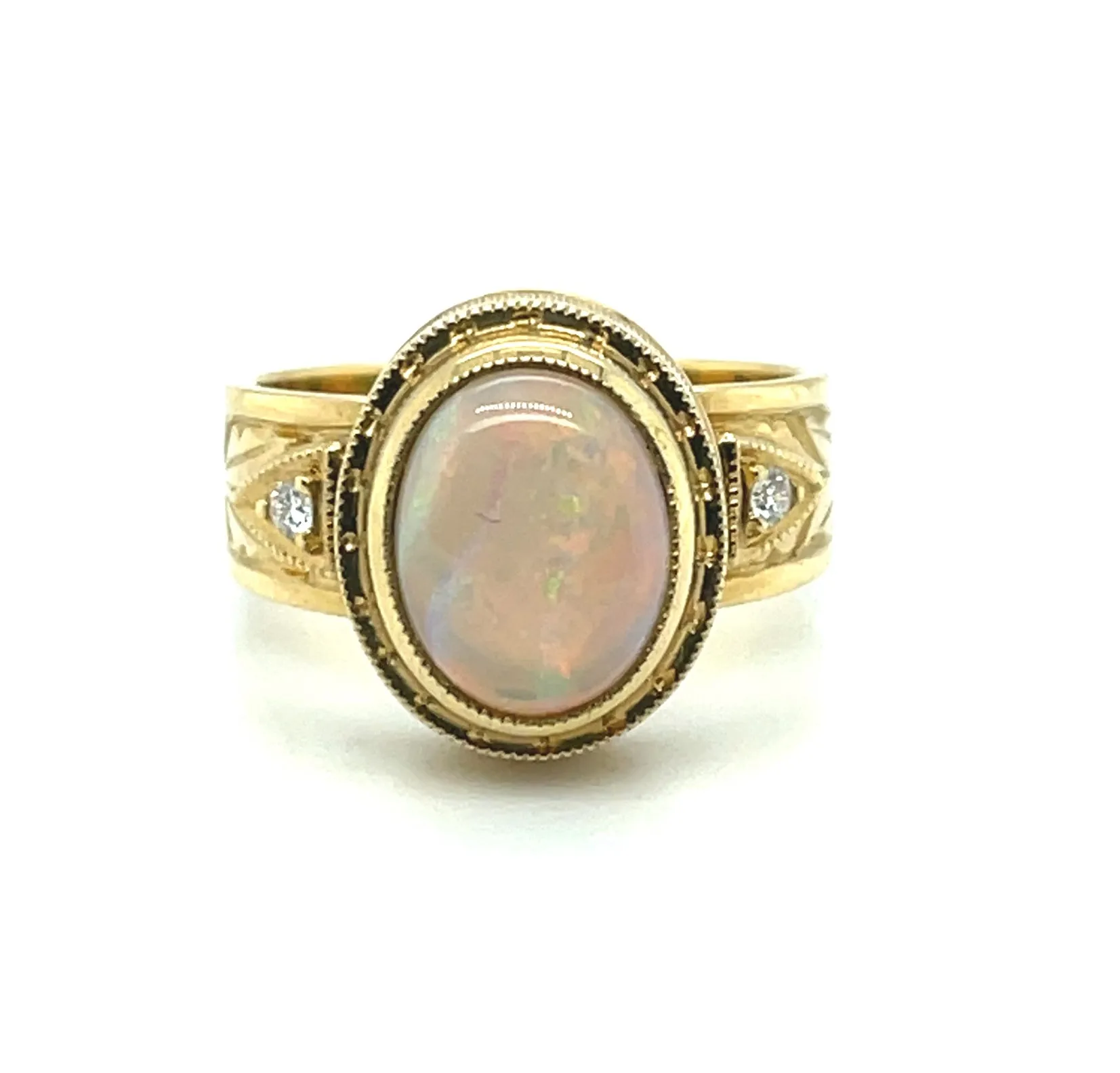 1.88 Carat Lightening Ridge Opal and Diamond Yellow Gold Engraved Dome Band Ring